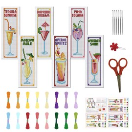 FREEBLOSS 22 * 8cm 6 Set Cross Stitch Bookmark Kits Plaid Cocktail Cross Stitch Patterns DIY Bookmarks Cross Stitch Kits Stamped Embroidery Bookmarks Kit Counted Cross Stitch Kits for Beginners