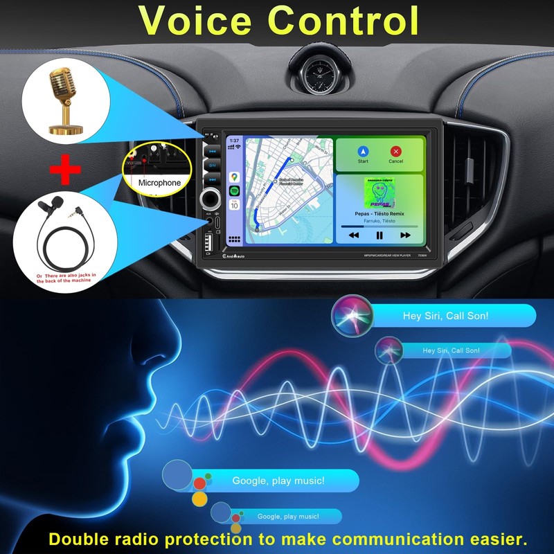 Wireless Apple CarPlay Double Din,7" Car Bluetooth 5.2,FM Car Radio,IPS