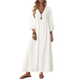 Celmia Cotton Dress for Women Summer Boho Puff Sleeve Linen Maxi Dress White Large