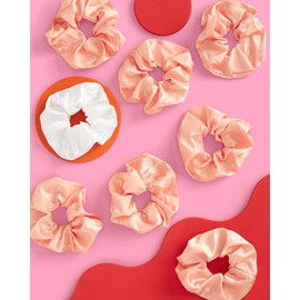 xo, Fetti-Decoraciones para fiestas de despedida de soltera Lazo para el cabello de raso Scrunchies a cuadros Melocotón + Blanco | Regalo de despedida de soltera, favores de dama de honor, caja de pro