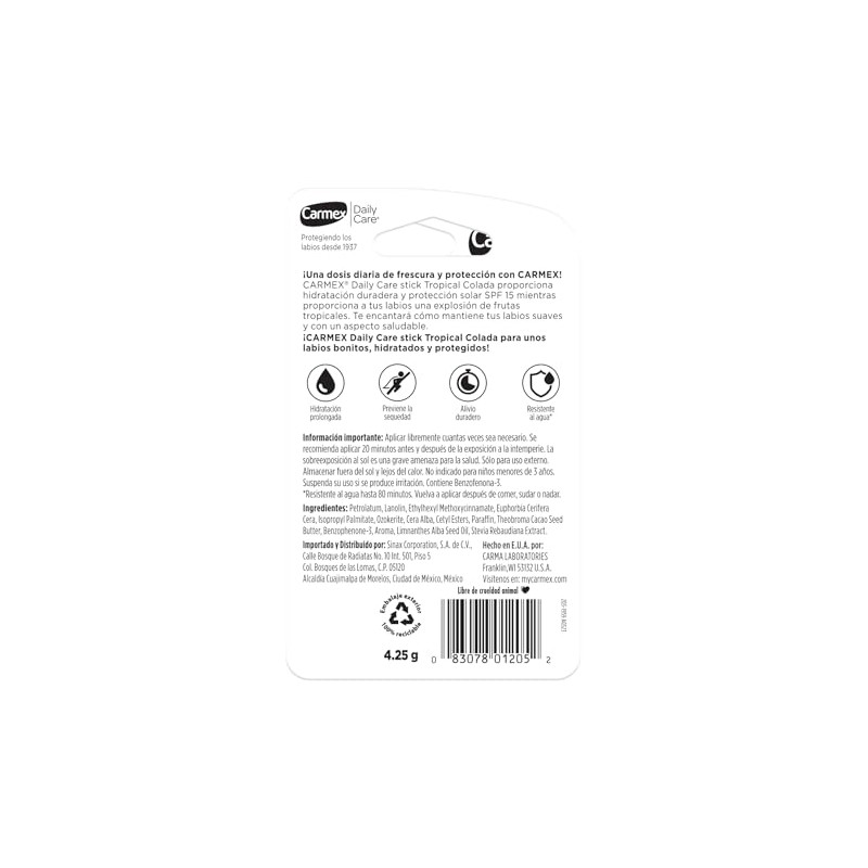 Carmex, Bálsamo Labial Hidratante Daily Care Tropicalcolada, Protege y Suaviza,