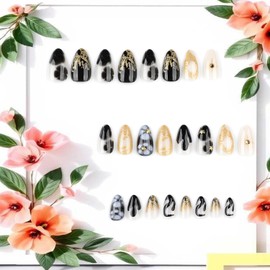 Black Flower Press on Nails Short Lengt Gold Irregular Lines Design 3D Acrylic False Nail Almond Shaped Artificial Fingernails Full Cover Artificial Stick on Nail 24Pcs DIY Glue on Nails for Women