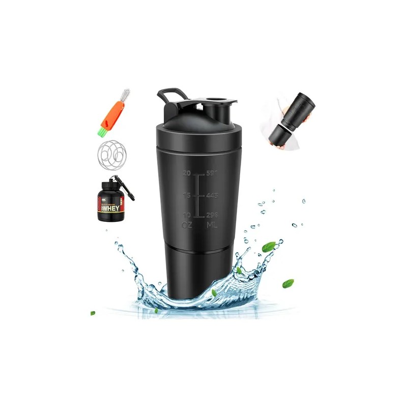 Shaker de Proteína HomeChi 700ml Acero Inoxidable Negro con Compartimento