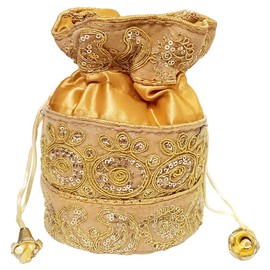 Purpledip Potli Bag (Clutch, Drawstring Purse) For Women With Intricate Gold Thread & Sequin Embroidery Work, Golden, Medium