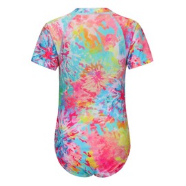 Zestonie Big Girls One Piece Rash Guard Swimsuits for Kids Girls Short Sleeve Bathing Suits with Front Zipper Swimwear Blossom Tie Dye Size 14/12-14 Years