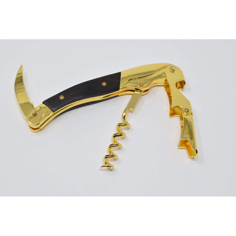 Gold and Black Corkscrew Wood Handle Double Hinge Waiters Wine
