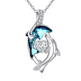 VENACOLY Dolphin S925 Sterling Silver Heart Dolphin Pendant Dolphin Blue Crystal Necklaces Jewellery Ocean for Women Female Mom