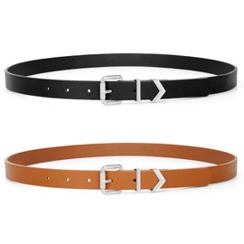 VONMELLI 2 Pack Women Skinny Leather Belts for Jeans Pants Dress Ladies Thin Waist Belt Retro Vintage Belt With Gold Buckle Black + Brown(Silver Buckle) Fit Waist Size 44-46"