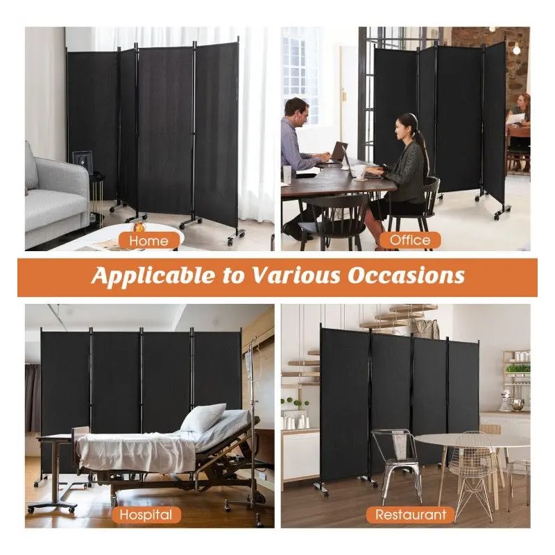 4-Panel Folding Room Divider with Lockable Wheels Privacy Screencolor: Brown