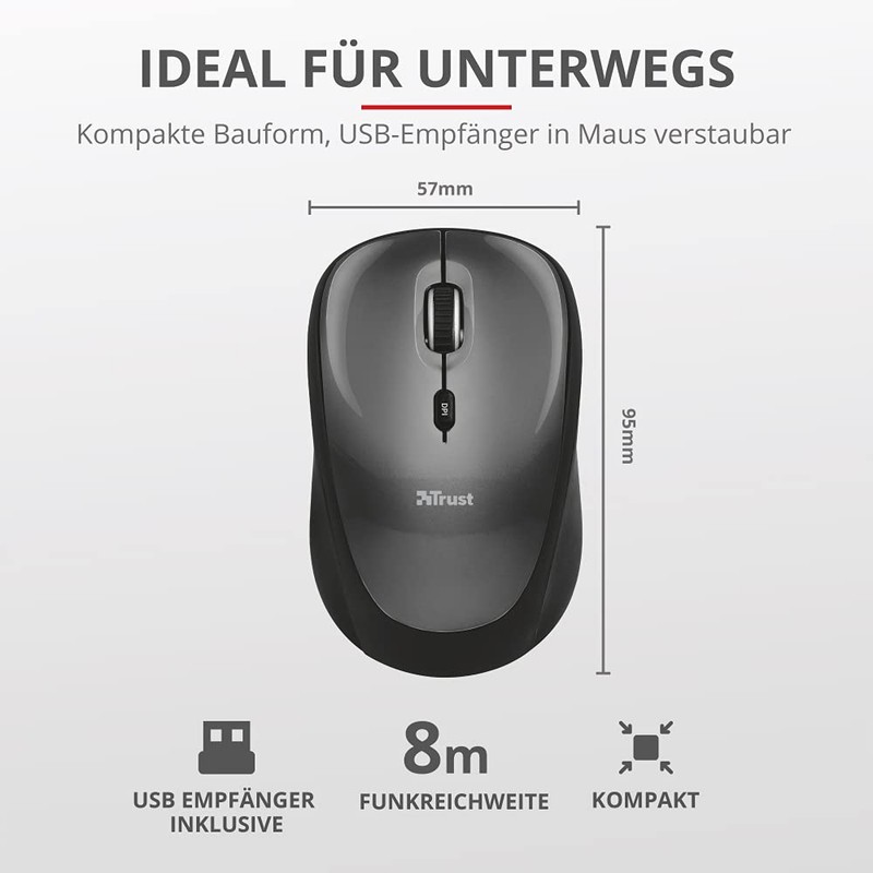 Trust Yvi Kabellose Optische Funkmaus, 2.4GHz, USB-Mikroempfänger, Rechts- und Linkshänder,