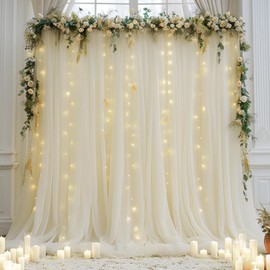 20ft x 10ft Ivory Backdrop Curtain with Lights String for Parties, Sheer Tulle Wedding Photo Backdrops Drapes for Baby Shower Birthday Party Decorations Background for Photography