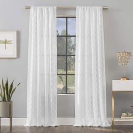 Scott Living Verge Geometric Clipped Jacquard Semi-Sheer Rod Pocket Curtain Panel, 52" x 96", White