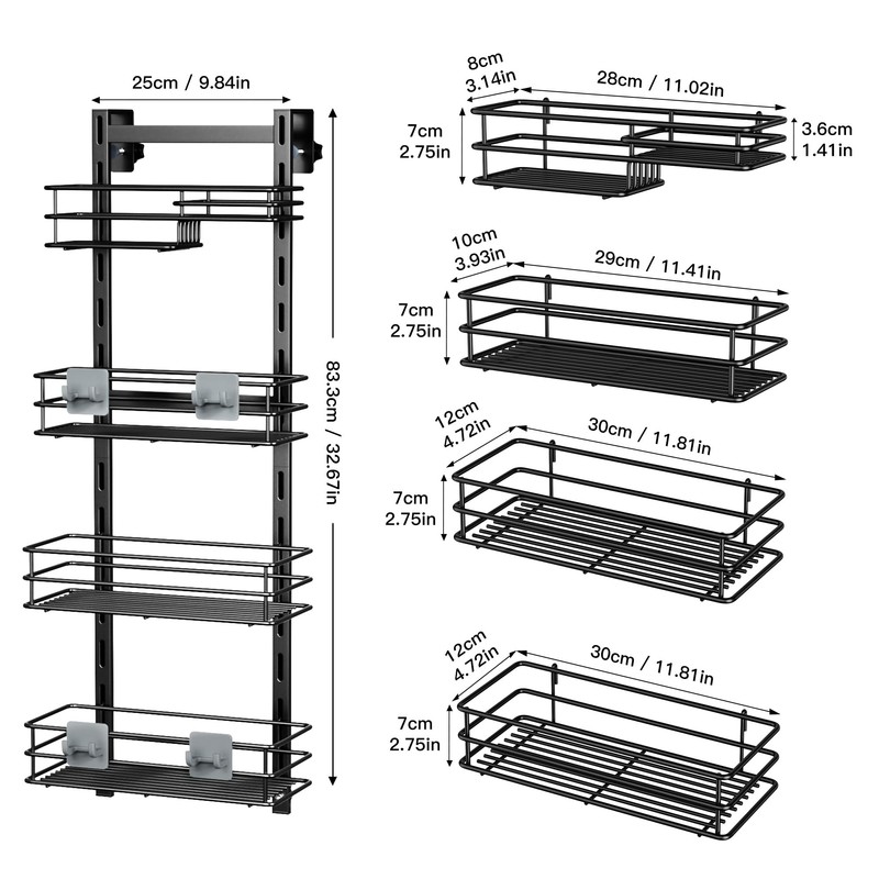 Orimade Over The Door Shower Caddy Adjustable 4 Tier Black,Bathroom