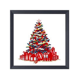 Zhenqing Christmas Tree Cross Stitch Kit – 11CT 9.45x9.45 Inch Aida Cloth with Gifts & Stars – Festive Red, Gold & Indigo Holiday Embroidery Set(67908)