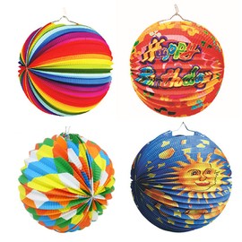 JAHEMU Lantern with Colourful Motifs, Paper Lantern, Round Paper Lantern, Birthday Paper Pompoms, Decoration for St. Martin, Christmas, Lantern Parade for Children, Pack of 4