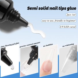Fcozpjk Soft Gel Nail Tips Glue, 2Pcs 15ml Super Strong Semi Solid Nail Glue Gel UV Light Curing Needed Glues for Press On Clear False Tips Bonding Acrylic Nails Extension Home Manicure