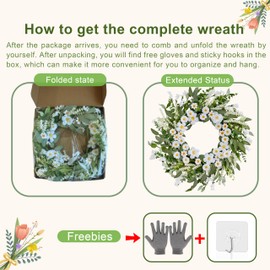 WSTPUPU Artificial Spring Wreath 22 Inch Spring Wreaths for Front Door with White Daisies Wildflowers Eucalyptus Leaves Daisy and Lavender Summer Door Wreaths for Wall Porch Outdoor Farmhouse Decor
