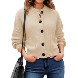 Saodimallsu Womens Button Up Cardigans Fall Crew Neck Fuzzy Knit Long Sleeve Cropped Sweater Jacket with Pockets Apricot