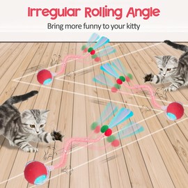 PLITTPETTS Interactive Cat Toys Ball for Indoor Cats, 2025 New Generation Automatic Moving Ball Toy with Elastic Mesh Tail, Chirping & Obstacle Avoidance and Motion Activated, Red【Rechargeable】