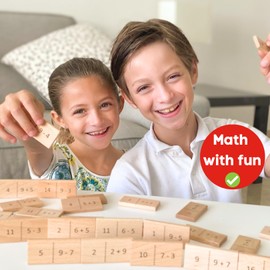 Math Domino Game for 1st & 2nd Grade | Wooden Algebra Dominoes Plus/Minus | Educational Learning Toy for Kids 6+ | Classroom, Homeschool & Teaching Supplies