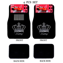 Universal Fit Car Truck Front/Rear 4-Piece Full Set King Crown Crystal Bling Rhinestone Design Studded Black Carpet Floor Mats (King-Black)