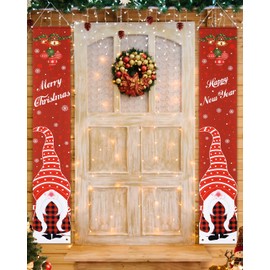FINPAC Christmas Decorations Outdoor Yard Front Porch Sign Set, Red Plaid Door Banner, Merry Christmas Hanging Banner Flag for Home Indoor Outdoor Xmas Decor Wall Front Door Yard Garage