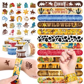 BOIKOKY 60 PCS Cowboy Party Favors Set - 36 Temporary Tattoos Sticker & 24 Slap Bracelets for Kids, Perfect for Birthday Parties, Classroom Rewards and Gifts