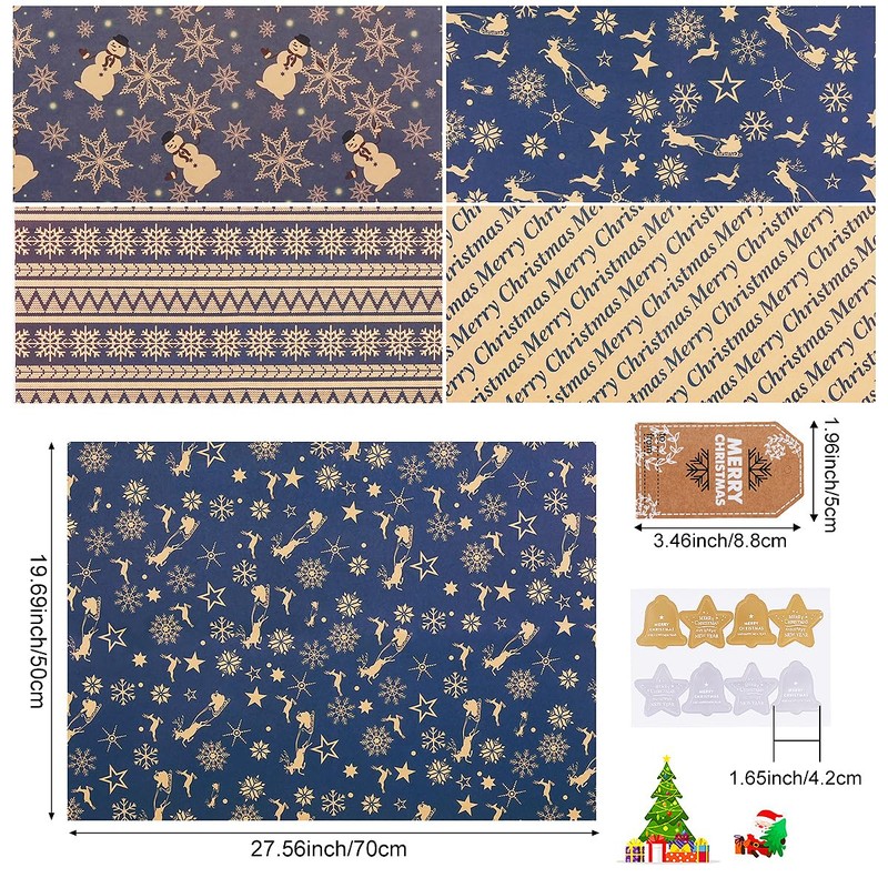 Christmas Wrapping Paper, 8 Sheets Christmas Paper Set with Stickers