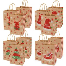 ORNACELE 12PCS Christmas Gift Bags 12PCS Assorted Styles Bags Xmas Small Kraft Paper Bags with Handles Christmas Goodie Bags with Christmas Prints for Xmas Gift Wrapping Christmas Party Supplies