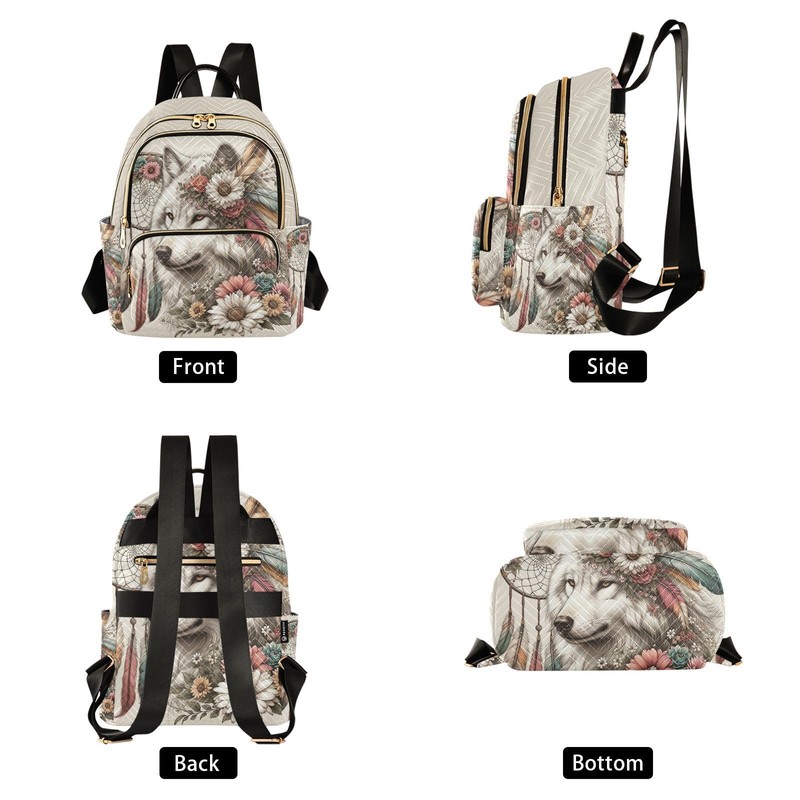 senya Wolf Women Fashion Backpack Purse Flower Dreamcatcher Wolf Backpack