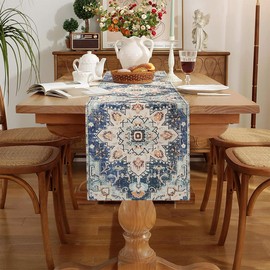 Mandala Table Runner 40 x 140 cm Geometric Flowers Blue Table Runner Linen Modern Boho Style Table Runner Country House Style Rustic Tablecloth Decorative for Party Holiday Dining Room Chest of