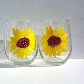 2 Sunflower Hand Painted Stemless Wine Glasses