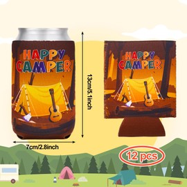 Whaline 12Pcs Summer Camping Can Sleeves Happy Camper Neoprene Can Sleeves 6 Designs Soda Beer Beverage Camper Can Cooler for Camping Picnic Outdoor Activities Beverages Bottle Supplies, 5.1 x 2.8 in
