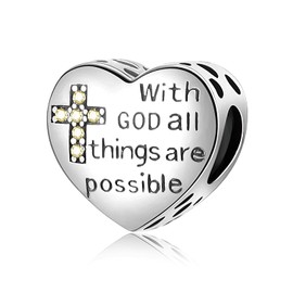 LINSTER Cross Charms 925 Sterling Silver Heart Charm Pendant for European Bracelet With God All Things Are Possible Religious Beads Jewellery Gift for Women, Zirconia cúbica, Zirconia cúbica