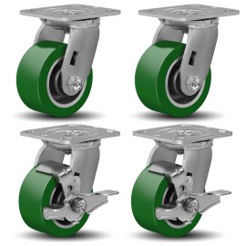 Unbranded 4"X 2" Heavy Duty Casters  Polyurethane on Aluminum  Capacity up to 800-3200 LB - 2 Swivel 2 Brake