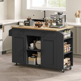 MAHANCRIS Kitchen Island with Storage, 52.8" Kitchen Island Cart with Drop Leaf, Kitchen Cabinet, Kitchen Cart on Wheels with Drawer, Spice Rack, Towel Rack, White and Natural KINB12801