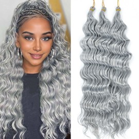 Ocean Wave Braiding Hair, 18 Inches, 3 Packs, Deep Wave Braiding Hair, Curly Crochet Synthetic Braids, Hair Extension for Women (Grey #, 18 Inches, 3 Packs)