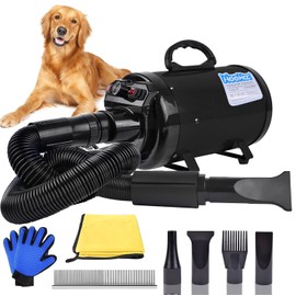 Dog Dryer, 4.5HP All-in-one Pet Grooming Dryer with Adjustable Speed and Temperature Control Dog Blow Dryer, Dog Hair Dryer with 4 Nozzle, Comb, Towel & Glove (Black)