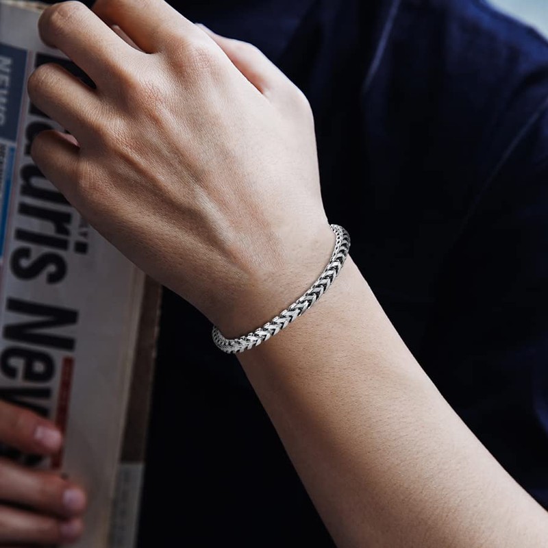 Qumfole Bracelets for Men-Stainless Steel Fold Over Clasp Franco Chain