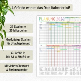 TOBJA Urlaubsplaner 2026 Mitarbeiter DIN A1 Gefalteter Jahreskalender für bis zu 25 Personen Personalplaner mit Jahresübersicht & Feiertagen Wandkalender Büro