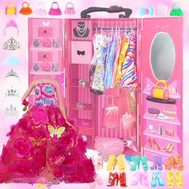 Pack of 159 Dolls Clothing and Accessories, Includes 1 Wardrobe, 2 Luxurious Dresses, 2 Fishtail Skirts, 3 Fashion Dresses, 4 Tops Pants, 10 Suspender Skirts, 137 Accessories