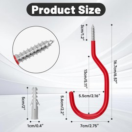 KINGLAKE 8 Pcs Red Bike Hooks, Garage Storage Hooks Large Screw-in Shed Hooks, Heavy Duty Ceiling Hooks Wall Mount Plastic Coated Bicycle Tool Hanger Hooks for Wall Bike Hanging
