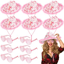 Berlune 12 Pcs White Pink Cowgirl Hat with Heart Shaped Sunglasses, Felt Pink Cowboy Hat Cow Girl Hat with Feather for Women Preppy Costume Bachelorette Party Accessories