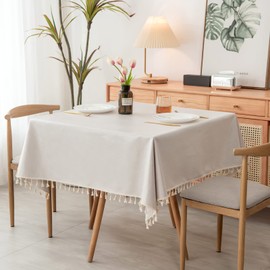 PUDSIRN Table Cloth, Polyester Waterproof Tablecloths, Rectangle Wrinkle Free Tassel Table Clothes for Kitchen Dining, Party, Holiday (140 x 140 cm, Beige)