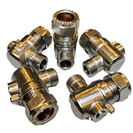 TC Chrome 15mm x 3/8" Angled Flat Faced Isolating Valve Compression 90 Degree Slotted Bolofix Isolation Elbow Valve for Flexible Tap Connector Hose Pipes - Pack of 5