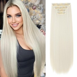REECHO Hair Extensions, 24" Straight Long Thick 4 PCS Set Thick Clip in on Hair Extensions -Platinum Blonde