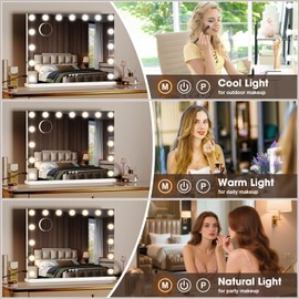 ZBOCAI Vanity Mirror with Lights and Bluetooth, 23"X18" Hollywood Mirror for Desk/Wall-Mount, 3 Color Modes Light up Mirror with 15 LED Bulbs USB Charging Port and 10X Magnification