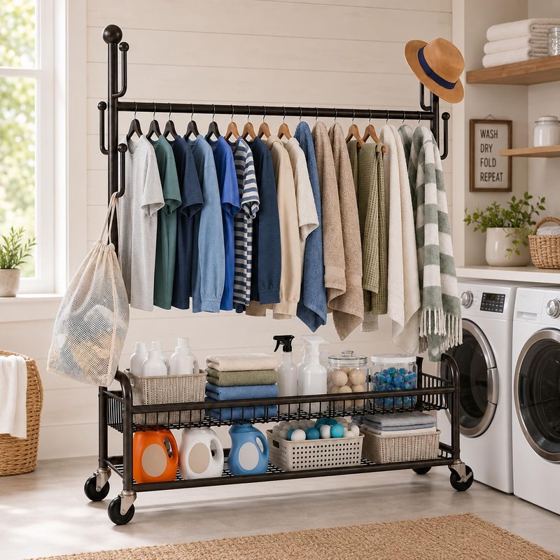 ANJIYP Rolling Clothes Drying Rack with Lockable Wheels, Heavy Duty