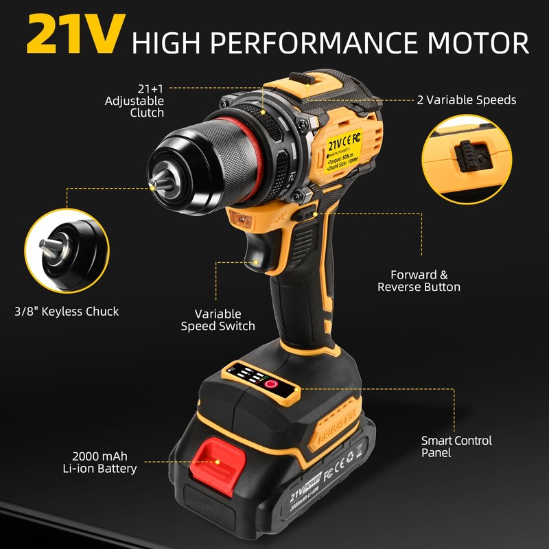 Cordless Drill Set, 21V Power Drill, Double 2000mAh Batteries Electric