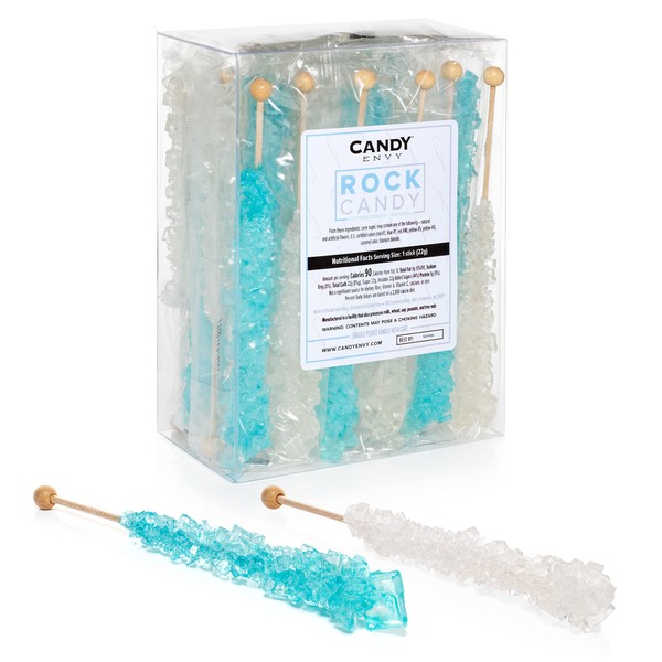 Candy Envy Light Blue and White Rock Candy Crystal Sticks - 24 Indiv. Wrapped - Cotton Candy & Original Sugar Flavored